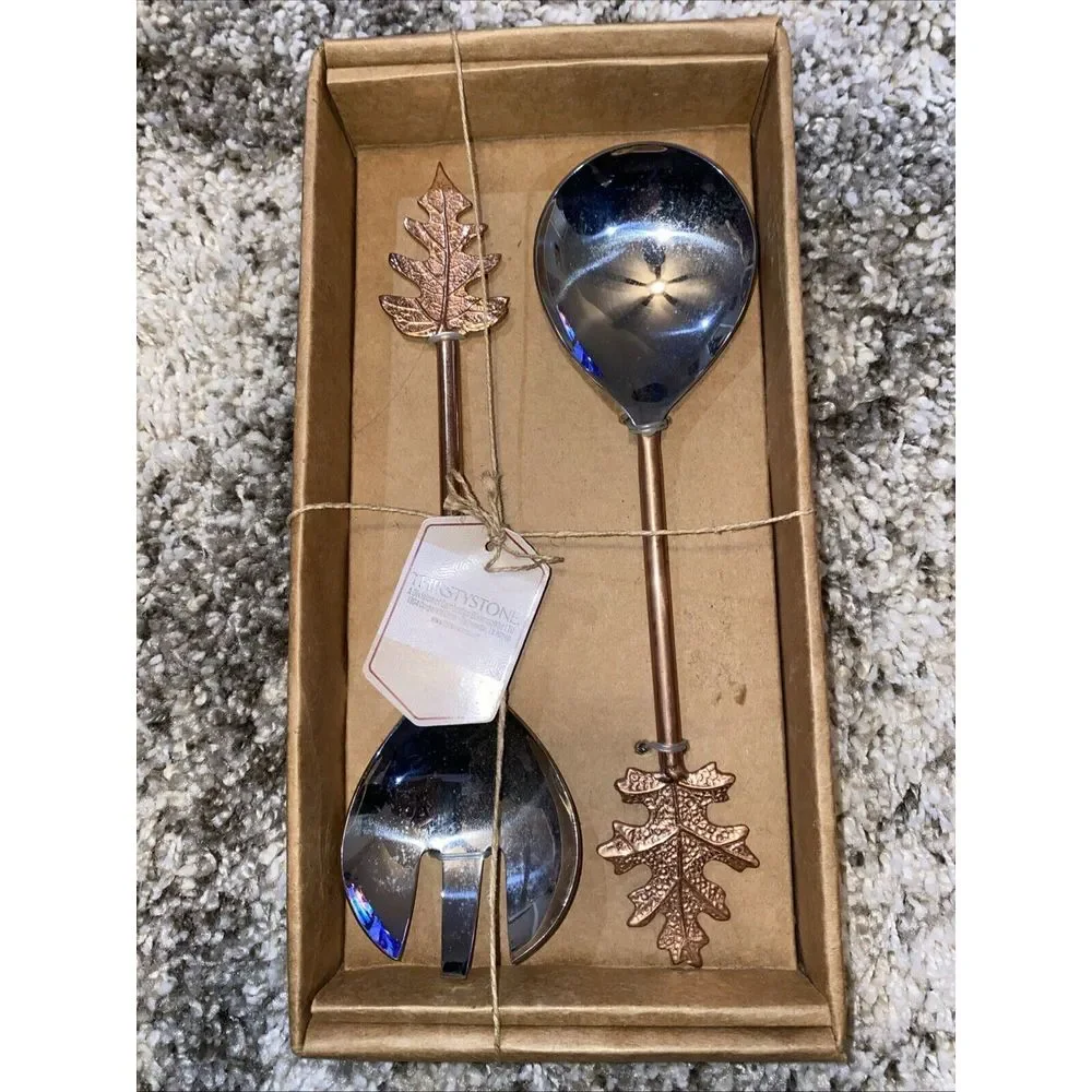 Thirstystone Oak Leaf Salad Servers Set 2pc Stainless Steel Copper Finish New